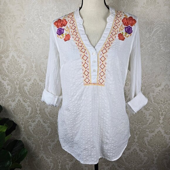 Style & Co Size Small White Cotton Tunic Embroidered Floral Roll Tab Sleeves - Picture 2 of 12